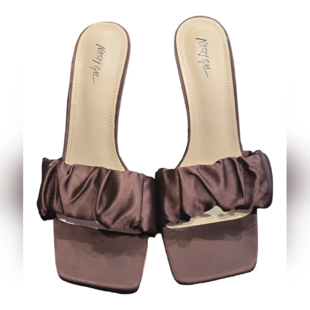 Nasty Gal Women's Satin Ruched Front Stiletto Heels Mules in Chocolate Satin 40